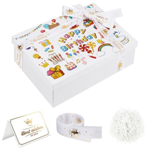 Geschenkbox Mit Deckel Geburtstag Kinder, Happy Birthday Geschenkboxen Mit Deckel, Gift Box Empty 25 x 18 x 8,5cm Geschenke Box Leer, Geschenkbox Weiß mit Schleife, Grußkarte, Geschreddertes Papier