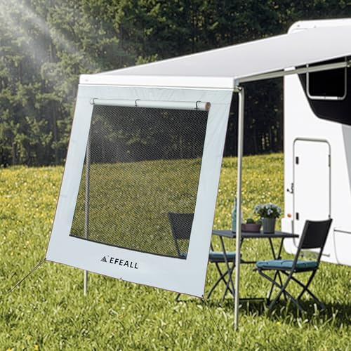EFEALL Sonnenschutz Wohnmobil Vorderwand 2 x 2,4 m, UPF 50+ Schutz, Regenfest, mit Verstellbarem Panorama-Fenster(Stoff+Netz), Sunblocker Markise für Kederleisten mit Ø 5–7 mm, inkl. Montagezubehör