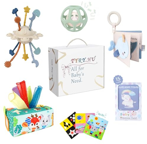 TYRY.HU Sets de regalos para recién nacidos,Caja Pañuelos Juguete Libro Bebe Interactivo,Juguetes Sensorial con Texturas,Juguetes Montessori,Tarjetas de hitos,Tirar de la Cuerda Juguete