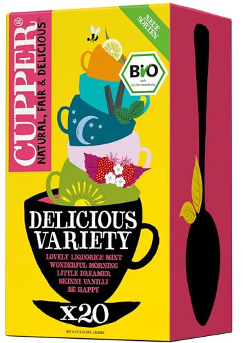 Cupper Bio Tee Set Delicious Variety, 20 verschiedene Sorten Kräutertee und Früchtetee, 20 ungebleichte Teebeutel (Einzelpack)