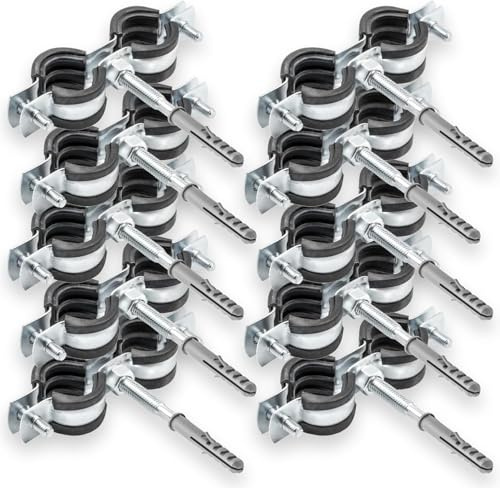 10 x Doppel Rohrschelle + 10 x Dübel + 10 x Stockschraube – Set zur einfachen Rohrbefestigung | Für Sanitär- und Heizungsinstallationen - 5/4 40-45 mm