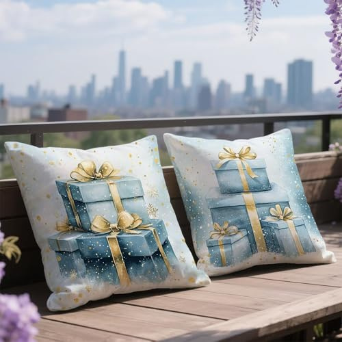 Cushion Covers 35x35cm Set of 2 Blue Outdoor Cushions Waterproof Linen Sofa Cushion Covers Gift Box Decorative Garden Cushions with Invisible Zipper, Sofa Bed Decor Throw Pillow, Gifts Women h-1757