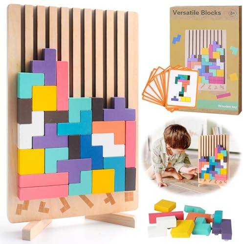 Holzpuzzle Kinder,3D Holzpuzzle mit 10 Karten,Bunt Blöcke Stapelspiel, Spielzeug Spiel Holz,Geschenk für Jungen und Mädchen,Christmas Wooden Stacking Puzzle Toy