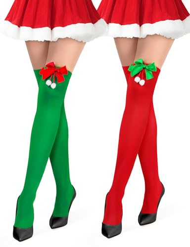 Kiiwah 2 Paia Calzini Lunghi Donna per Natale, Calze Al Ginocchio Parigine Natalizi per Feste Cosplay (Fiocco)