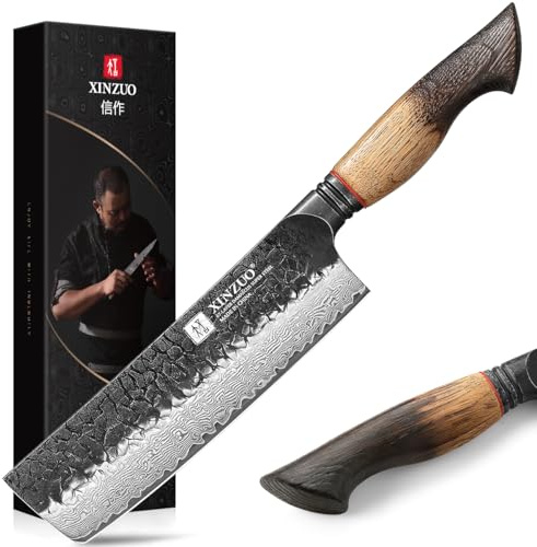 XINZUO 7 Inch Nakiri Knife, Hand Forged Damascus Steel Asian Chopping Chef Knife, Professional Meat Vegetable Kitchen Knife,Comfortable Grip White Oak Handle Usuba Knife