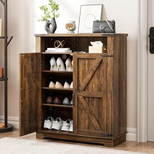 OCTORO Schuhschrank mit 2 Türen, Schuhschrank Holz im Landhausstil, Schuhkommode mit verstellbaren Einlegeböden und Kippschutz, Schuhregal Schmal für Eingangsbereich, Flur, Wohnzimmer, Braun