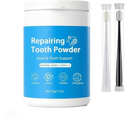 Polvo dental reparador natural a base de hierbas, con perlas y minerales, que purifica y estabiliza los dientes, y protege las encías y las raíces con cepillos de dientes de cerdas