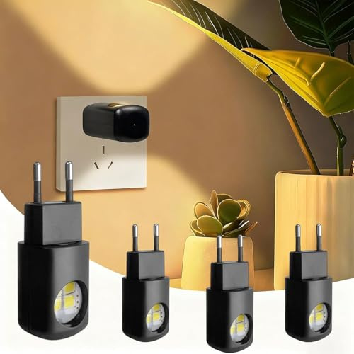 CHENRI 4 Stück Posequiver LED Wall Socket Night Light, Nachtlicht Steckdose mit Dämmerungssensor, 90° Drehbar & Automatische Beleuchtung, Intelligentes Sensor für Schlafzimmer (Warme Licht-Schwarz)
