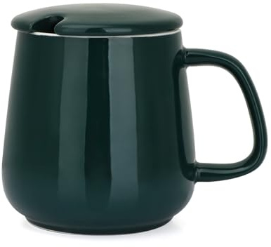 VOBAGA 15oz Ceramic Coffee Mug with Lid and Flat-Bottom, Morning Coffee Mug for Daily Use Warming Coffee & Tea (Green)
