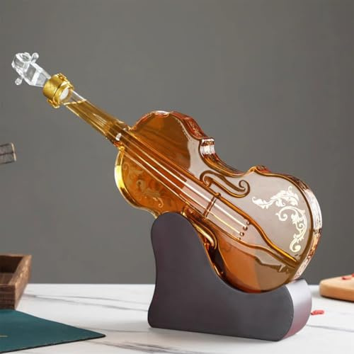 Fcmeavo Whisky Decanter 1000ml Glass Violin-Shaped Carafe with Wooden Stand – Gifts for Men – Clear Liquor Drinks Decanter for Scotch, Rum, Brandy, Wine – Barware Home Bar Accessory