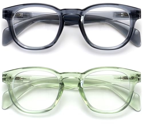 OPULIZE AWE Reading Blue Light Blocking Glasses for Women Men - 2 Pack - Retro Round - Anti-Glare Computer & Gaming Eyewear -UV & Eyestrain Protection - Blue Green Transparent +2.50, (Pack of 2)