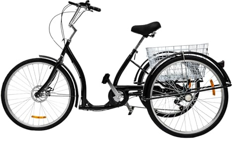 OUKANING 26 Zoll Damen Herren Erwachsenen Dreirad City Bike Retro Stil, 6-Gang, Verstellbarer Sitz, Großer Hinterradkorb, Stahlrahmen, 120kg Tragkraft, Scheibenbremse, für Senioren, Geschenk