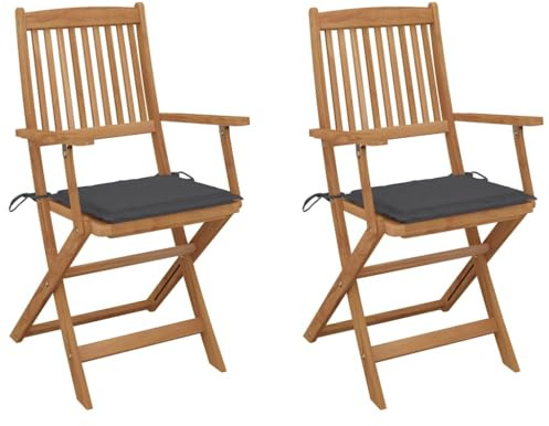 Mokuyary Fällbara trädgårdsstolar, set om 2 med kuddar, massivt trä, akacia balkongstol, terrassstolar, matstolar för terrass, trädgård, balkong – A
