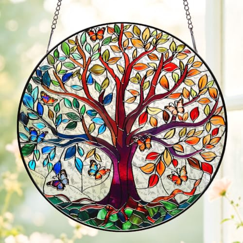 SUPERDANT 1 pieza Árbol de la vida vidrio de colores acrílico atrapador de sol redondo decoración ventana arco iris luz prisma atrapador de sol colgante vidrio arte para el hogar ventana decoración