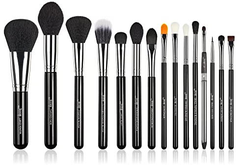Jessup T092 Ensemble de 15 pinceaux de maquillage professionnels pour fond de teint, fard à paupières, eyeliner, estompeur et lèvres Noir/Argent