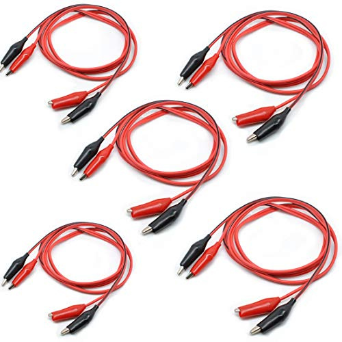 Oiyagai Lot de 5 Câbles de Test à Pinces Crocodiles Double Extrémité – Longueur 1 m, Fils Rouge et Noir Isolés pour Multimètre, Laboratoire et Projets Électriques DIY