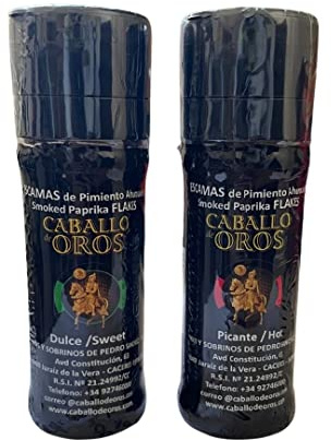 Escamas de Pimentón Ahumado Caballo de Oros. Molinillos de 24 gr. Dulce y Picante. 24 gr.
