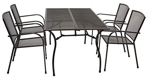 DEGAMO Gartengarnitur Classic 5-teilig, 4X Stapelsessel und 1x Tisch 90x150cm rechteckig, Streckmetall anthrazit beschichtet