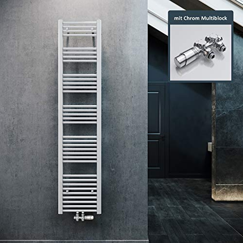 ELEGANT Heizkörper Bad 1800x400mm Weiß Badheizkörper Mittelanschluss Heizkörper Handtuchtrockner Handtuchwärmer mit Chrom Multiblock Thermostat