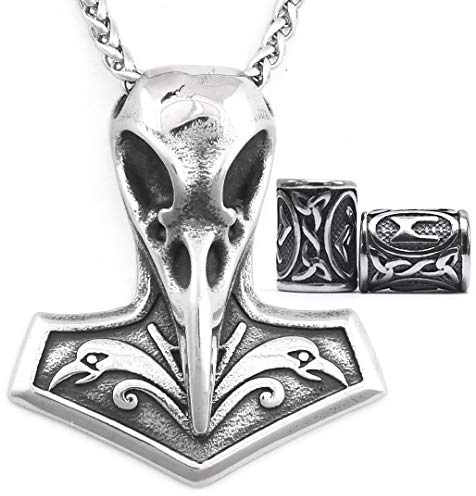 Gungneer Norse Viking Raven Skull Necklace Stainless Steel Thor Hammer Mjolnir Jewelry For Men Women, Viking Beard Beads Gift