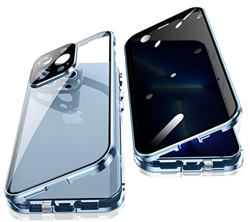 Jonwelsy Anti Peeping Hülle für iPhone 13 Pro Max, 360 Grad Schutz Case, Privatsphäre Gehärtetes Glas Anti-Spähen Cover, Stark Magnetische Adsorption Metallrahmen Handyhülle für 13 Pro Max (Blau)