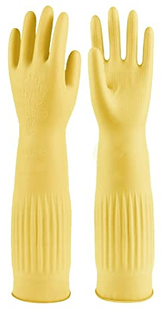 Gummi-Spülhandschuh, wasserdicht und ölbeständig, geeignet für Küchenreinigung, Wäsche, Haushaltsreinigung, Geschirrspülen, Autowäsche, Innen- und Außenreinigung, Haustierpflege usw (Gelb M 38CM)