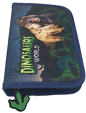 Theonoi Federmäppchen Federtasche Federmappe Mäppchen Etui 2 Fach Doppeldecker Schüleretui Stifteetui GEFÜLLT für Jungen (Dinosaurier 1A)