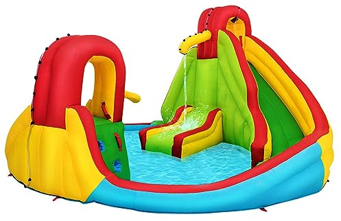 DREAMADE aufblasbare Hüpfburg, Wasserpark mit 2 Rutschen & Wasserbecken & Kletternwand, Wasserrutsche mit Wasserpistole für Kinder 3-10 Jahre, bis 159 kg belastbar, 420x460x233cm (ohne Gebläse)