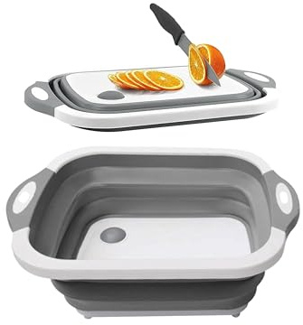 NEEZ 3-in-1 Faltbares Schneidebrett – Multifunktionale Spülschüssel mit Abfluss, Schneidebrett & Waschschüssel – Platzsparend & Tragbar für Küche, Camping, Wohnmobil & Outdoor (Grau)