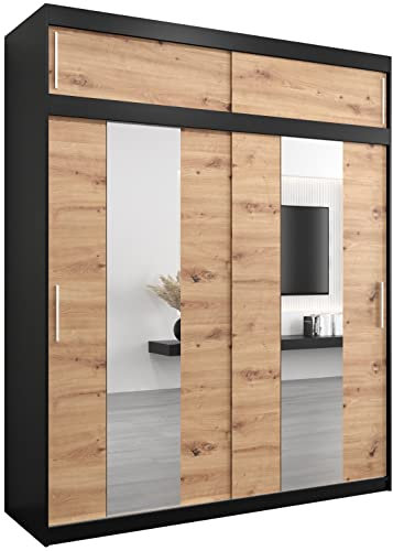 ABIKSMEBLE Pole 200 Armario de Dormitorios con Tres Puertas Correderas - Armario de Almacenamiento Moderno con Espejo, Perchero y Estantes - 200x240x62 cm - Negro Mate + Craftsman con Extensión