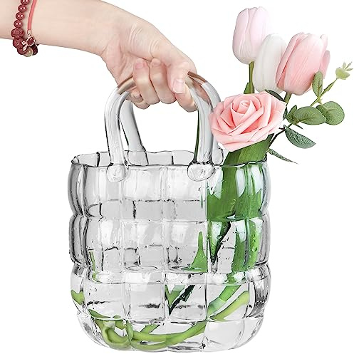 Unique Purse Vase for Flowers,11'' Handmade Thicken Bubbled Glass Bag Vases with Gradient Color for Home Decors .Great Clear Purse Flower Vase for Centerpiece,Floral Arrangement,Wedding Decors.