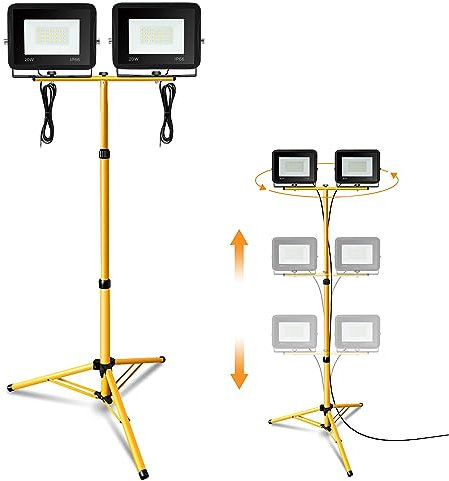 Jiubiaz Proyector LED de trabajo, 2 x 20 W, 1700 lm, blanco cálido, foco con altura ajustable, trípode, impermeable IP66 para uso interior y exterior en talleres (cable de 1 m, sin enchufe)