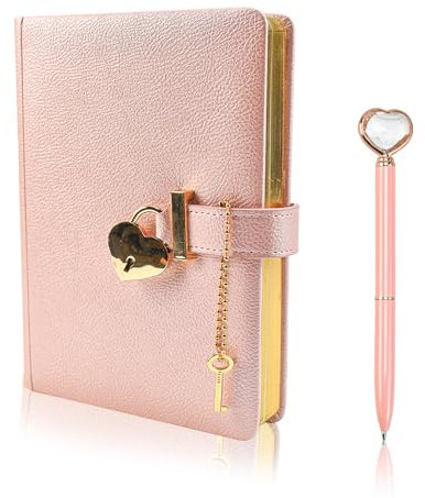 OKUYAN Heart Shaped Lock Diary Secret Diary with Lock Pu Leather Lockable Diary Pink Lock Diary with Key Girls Notebook and Pen Set Journal Notebook with Lock And Key for Women Girls Gift (18*13.5CM)