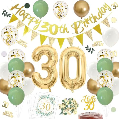 ParPix 30 Geburtstag Frauen Männer Deko Set, Girlande 30 Geburtstag Deko,Luftballons Deco 30 Geburtstags Mann Frau Grün Gold, Konfetti Servietten 30. Geburtstage Deco,Folienballons Geburtstagsdeko 30