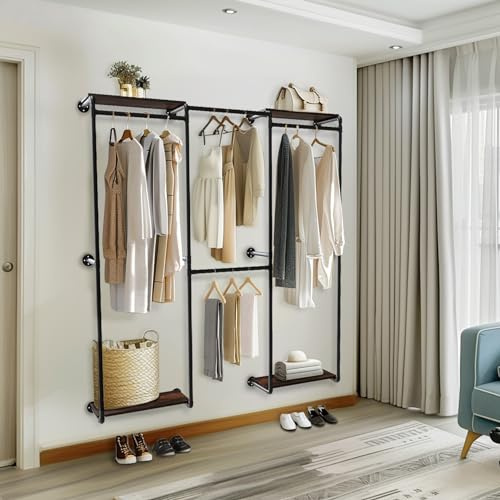unho Kleiderstange Kleiderständer Wandmontage, industrielles Rohr mit Ablagen, Garderobe für begehbaren Kleiderschrank Wand, Wandgarderoben für Schlafzimmer Wohnzimmer