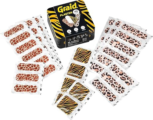 Graid Animal Print Plaster Tin, Assorted Sterile Children's Plasters Pack of 48 - Giraffe, Leopard, Tiger Print Plasters for Kids