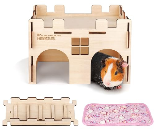 HIIMALEX Sturdy Guinea Pig Hideout Wooden Castle for Guinea Pig Chinchilla Hedgehog Gerbil Hamster Rat House Habitat for Playing and Hiding (GPG-MT)