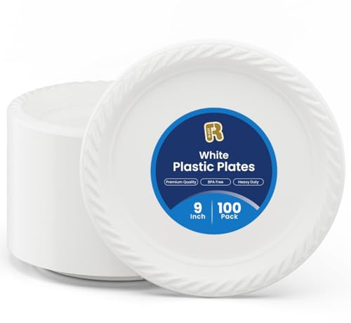 R-kay 100 Pack 9 Inch Plastic Plates Disposable - Heavy Duty 9 Inch White Disposable Plates - Microwavable Disposable Plastic Plates