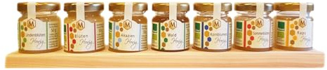 Josef Muhr Honigbrettl 7×50 g BIOLAND – Mini Bio-Honige im Probier-Set, Deutscher Blüten- & Sortenhonig, naturbelassen, mild & aromatisch – Geschenk-Set im Glas