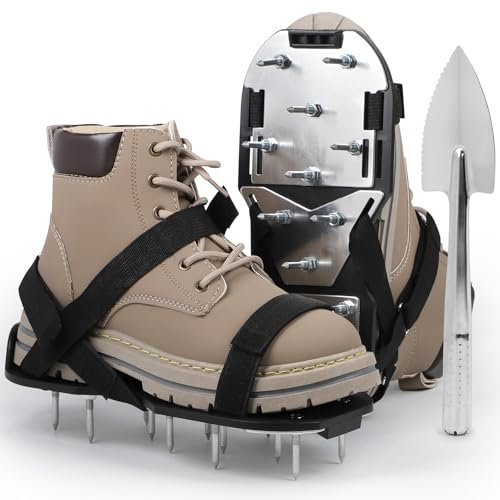 lalago 1 Coppia Arieggiatore Prato Scarpe Chiodate Nere, Sandalo Livellatore per Ventilator con Velcro e Spatola, Scarificatore Arieggiatore Manuale, Scarpe per Arieggiare per Cortile Giardino