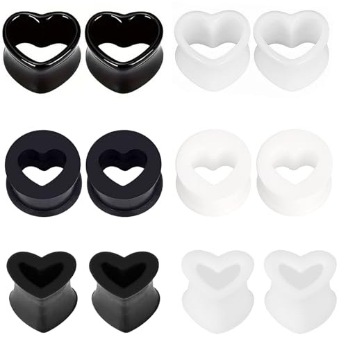 LOCCY Herzform Ohr Tunnels, 4-20mm Silikon Flesh Tunnel Acryl Ohr Tunnel Plug Schwarz Weiß Ohr Expander Double Flared Flexible Tunnels Piercing für Herren Damen (6 Paar, 20mm)