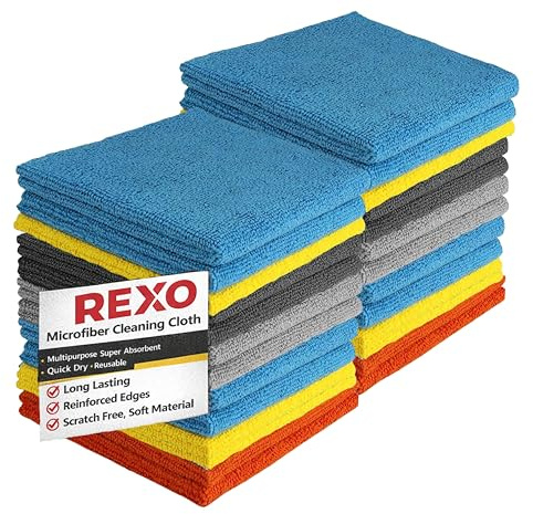 REXO - Microfibre Cloth 30x30cm Pack Of 25 Lint Free And Streak Free Cleaning Cloths Wipes For Home Furniture Polish, Kitchen, Car Cleaning, Bathroom, Window, Glass, Mirror And More (Mixed)