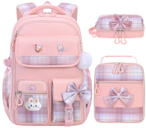 NSEQB Girls Backpack,3pcs Kids School Backpack With Lunch Box Pencil Case Set,Cute Childrens Schoolbag For Primary Elementary Middle (Pink 3PCS)