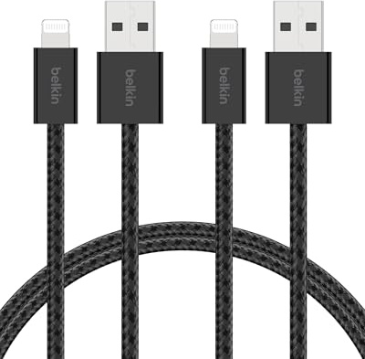 Belkin 2er-Pack geflochtenes USB-A Ladekabel mit Lightning Connector, 1,5 m, flexibles Schnellladekabel, Lightning iPhone kabel für iPhone 14 und ältere Modelle, iPad 9. Gen. und AirPods – Schwarz