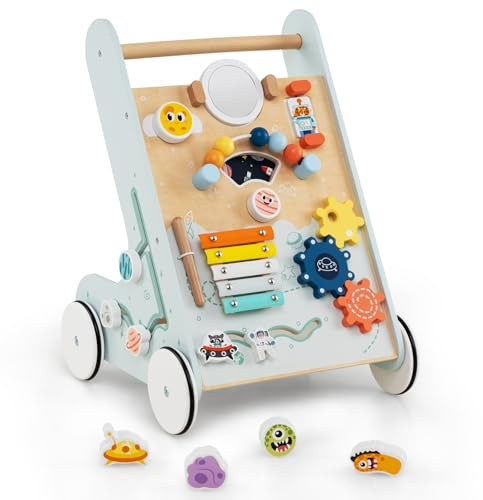 DREAMADE Lauflernwagen Holz, Lauflernhilfe mit Spielbrett, Montessori Gehhilfe Gehfrei Baby Holzspielzeug für Kinder ab 1 Jahr