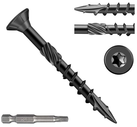 Fmjdnls Deck Screws 1-1/2 Inch, Wood Screws #8×1-1/2, 300 Pcs, Black Rust Resistant Epoxy Coated, Outdoor Decking Screws, Torx/Star Drive Head Exterior Deck Screw, T25 Star Bit Included