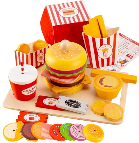 Mineup Kinderküche Zubehör Holz, Kinderküche Spielküche Zubehör, Hamburger Spielzeug, Burger Pommes, Lebensmittel Spielzeug aus Holz, Rollenspiele Geschenk für Kinder ab 3 4 5 6 7 8 9 Jahre