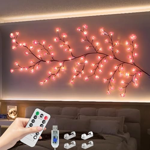 Branches de fleurs de cerisier LED - 180 cm - 96 LED - Décoration murale - Guirlande lumineuse en rotin blanc chaud avec 8 modes et télécommande - Décoration idéale pour chambre à coucher, salon et