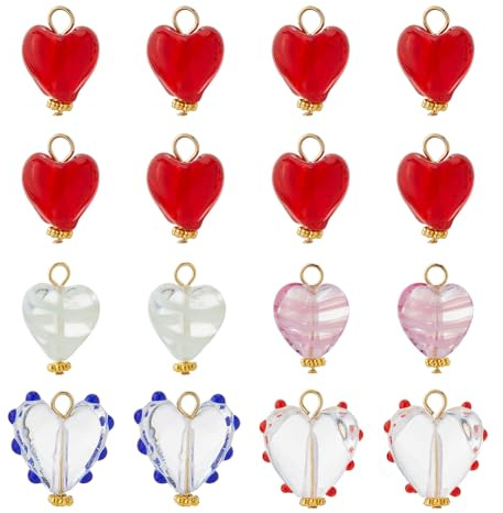 SUPERFINDINGS 16 Stück Herzanhänger In 5 Farben Liebesherz Perlen Baumelnde Anhänger Rot Klar Valentinstag Anhänger Handgefertigte Lampwork Anhänger Für DIY Schmuckherstellung