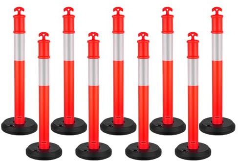 VEVOR 9 Pack Traffic Delineator Posts, 45 inches Traffic Safety Cones with Fillable Base and Reflective Strips, Heavy Duty Delineator Posts for Construction Site, Parking Lot, Crowd Control, Red